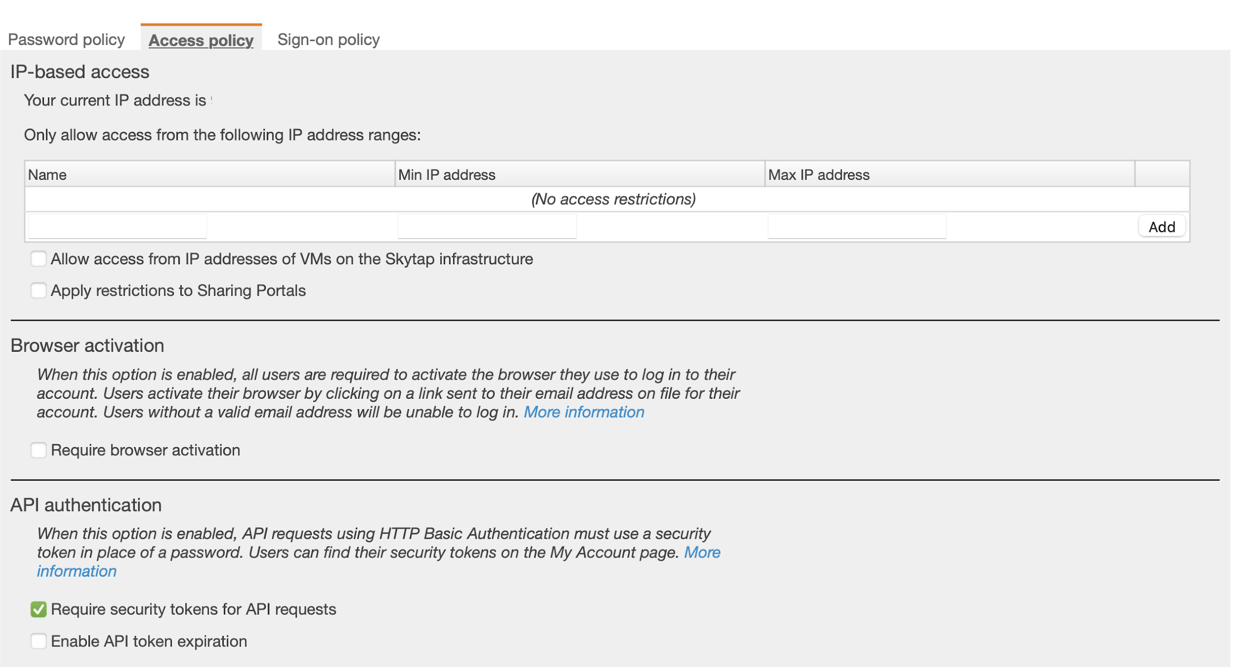 Access policies available within the Skytap dashboard